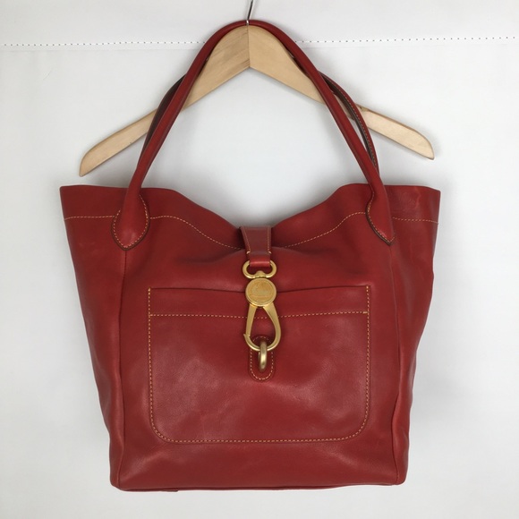 100% Auth Dooney & Bourke Tote Bag Red Leather Locket Clasp